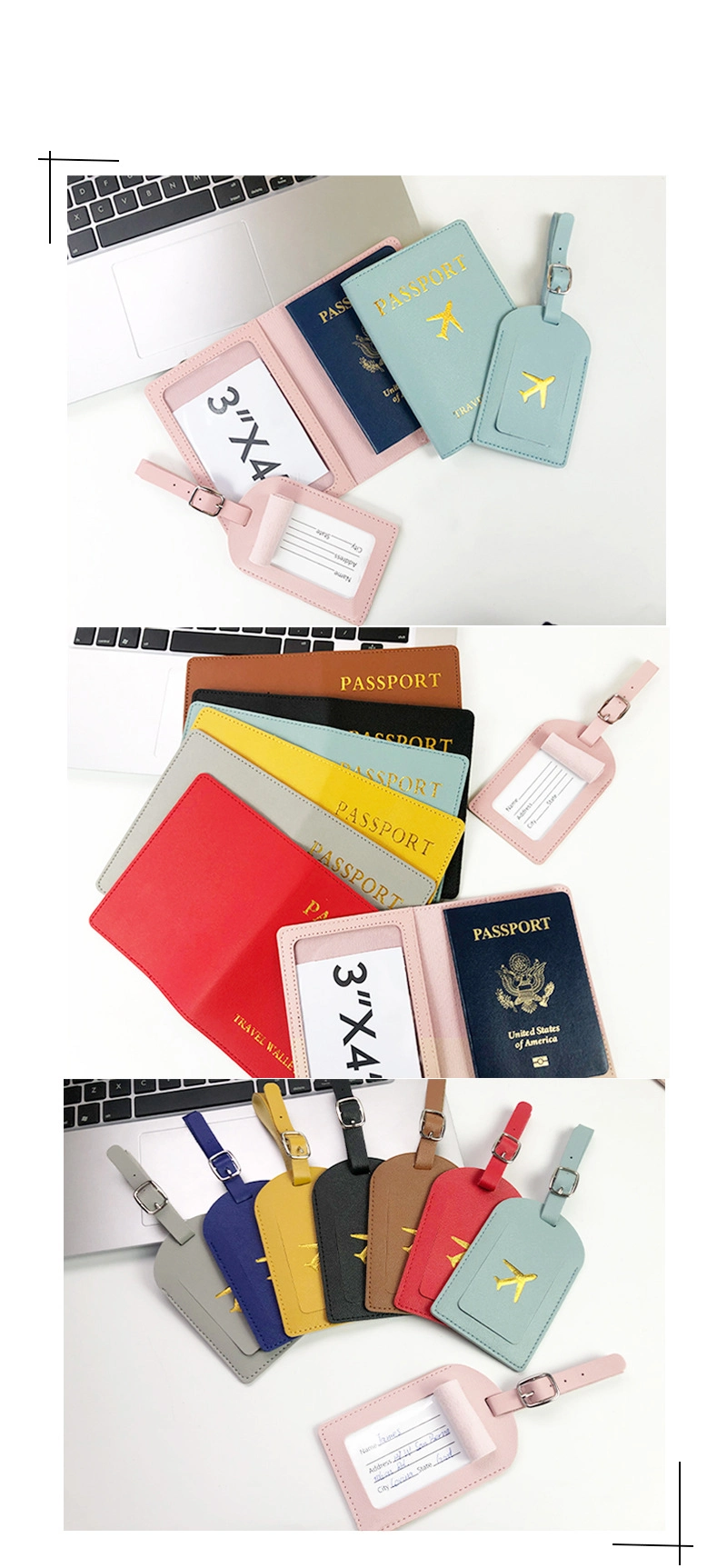 Ea226 Leather Customized Tags ID Wholesale Custom Air Tag Travel Wallet Card Passport Holder and Luggage Tag Set