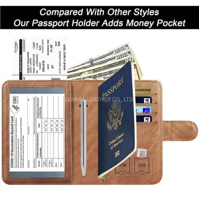 Фабрика-производитель OEM Обложка для паспорта в стиле ретро Высококачественная искусственная кожа с RFID-защитой Функциональная с держателем для карт Держатель для денег с отделением для путешествий (F1550)